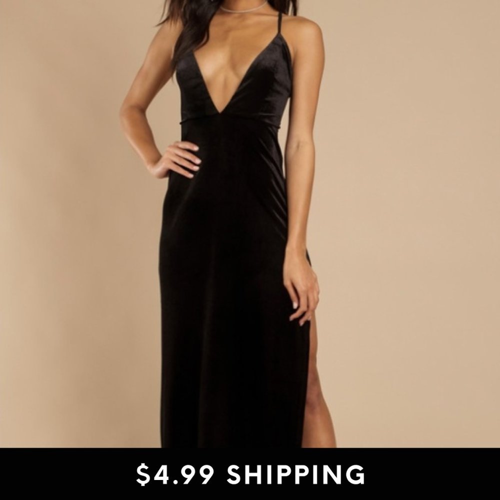 TOBI Velvet Got It Good Plunging Black Maxi Dress